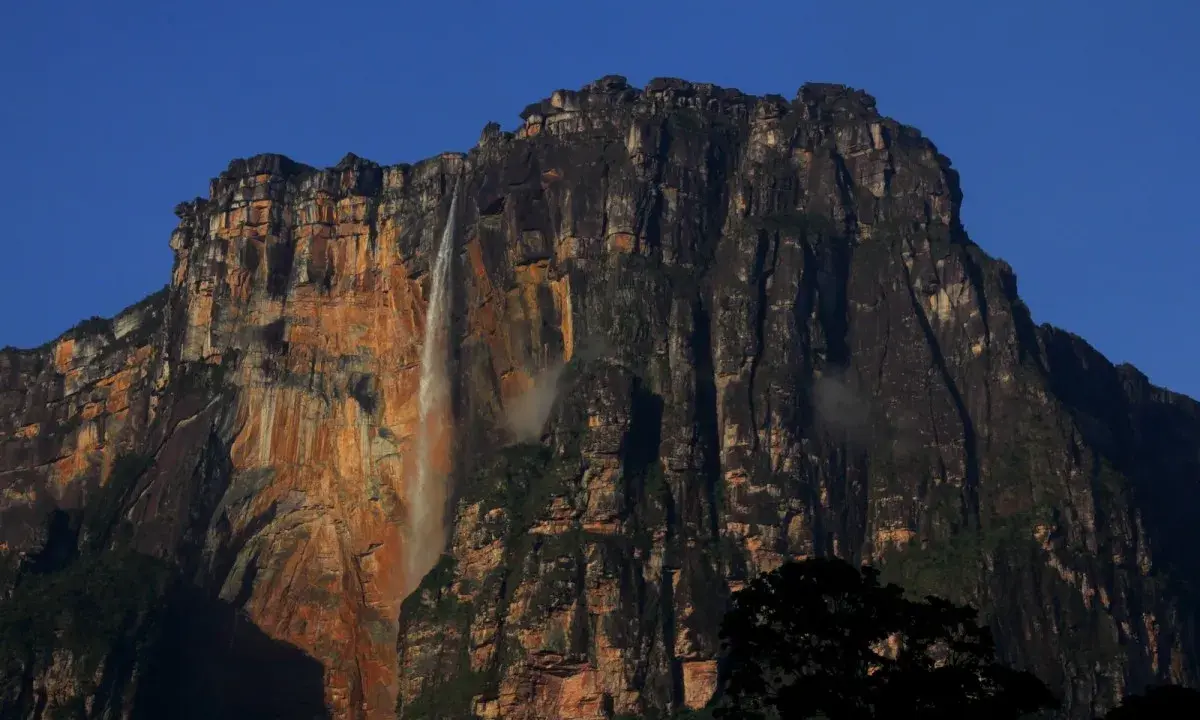 Wodospad Angel Falls, najwyższy wodospad świata, spada kaskadą z ogromnego, skalnego płaskowyżu w Wenezueli.