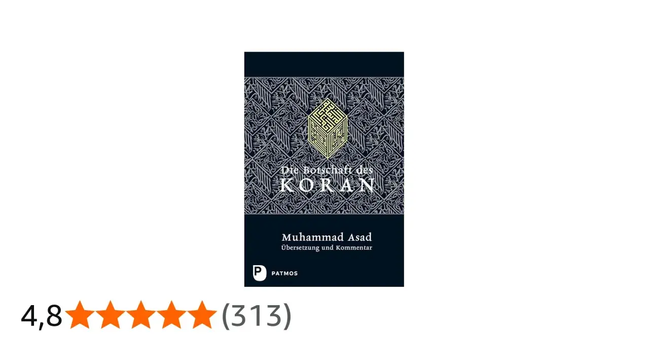Buchcover: "Die Botschaft des KORAN" von Muhammad Asad, Übersetzung und Kommentar. Enthält kalligrafische Muster und eine Würfelform. Eine Studie über die Sure Al-Haqqah.