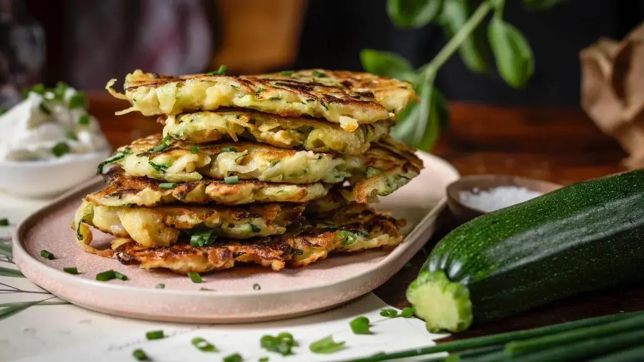 Stapel goldbrauner Kartoffel-Zucchini-Puffer, frisch aus dem Ofen, garniert mit Schnittlauch. Daneben eine Zucchini und eine Schale mit Dip.