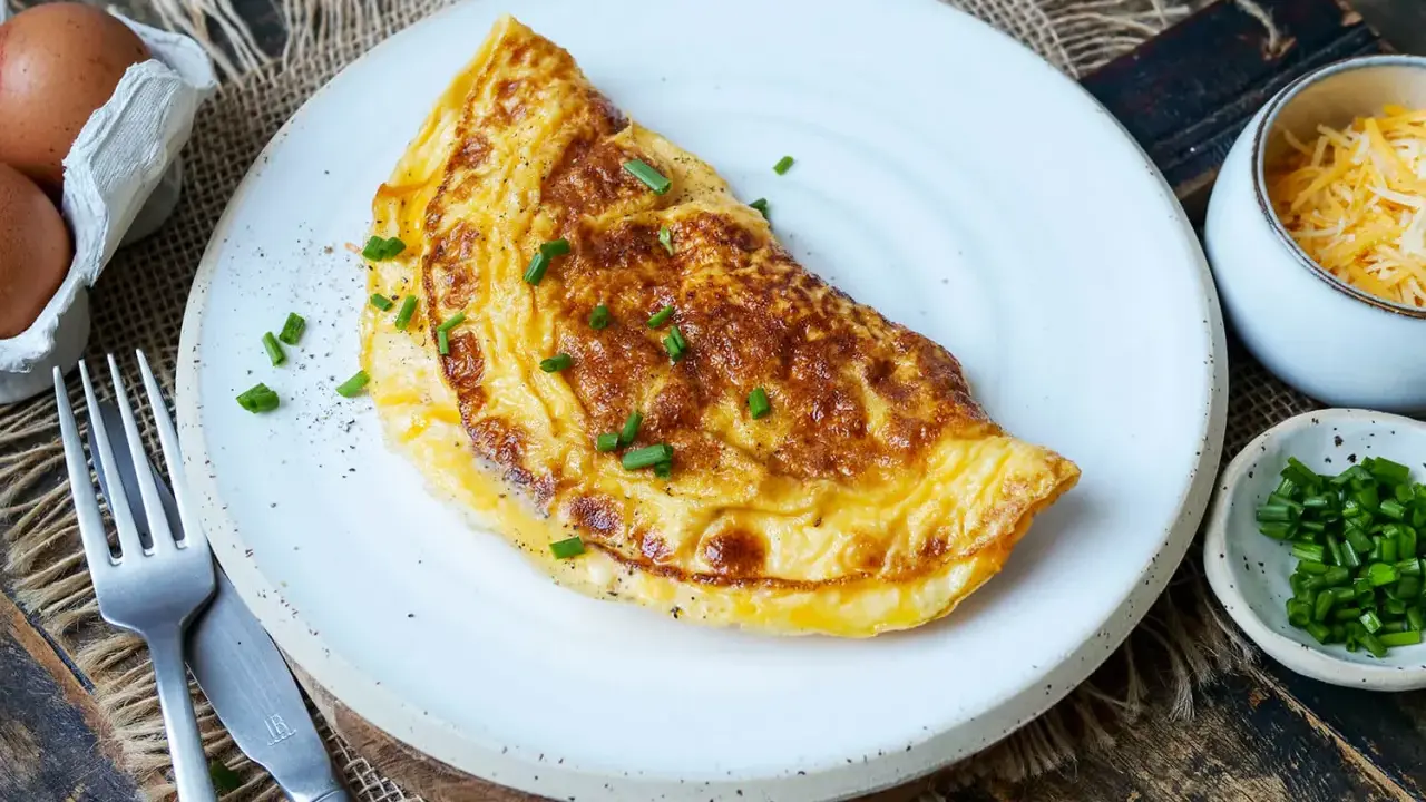 Goldbraunes Omelett mit Käse und Schnittlauch, perfekt für ein schnelles Omelette Rezept. Daneben: Eier, geriebener Käse und frischer Schnittlauch.