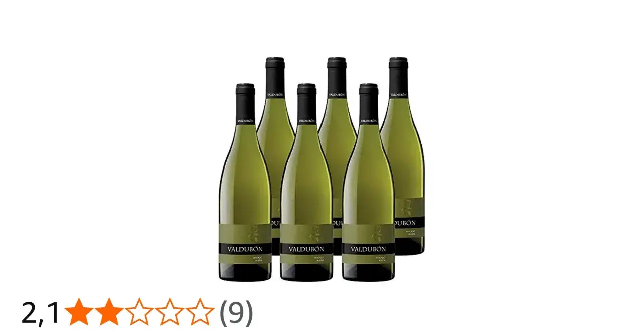 Sechs Flaschen Valdubón Verdejo Wein stehen nebeneinander.