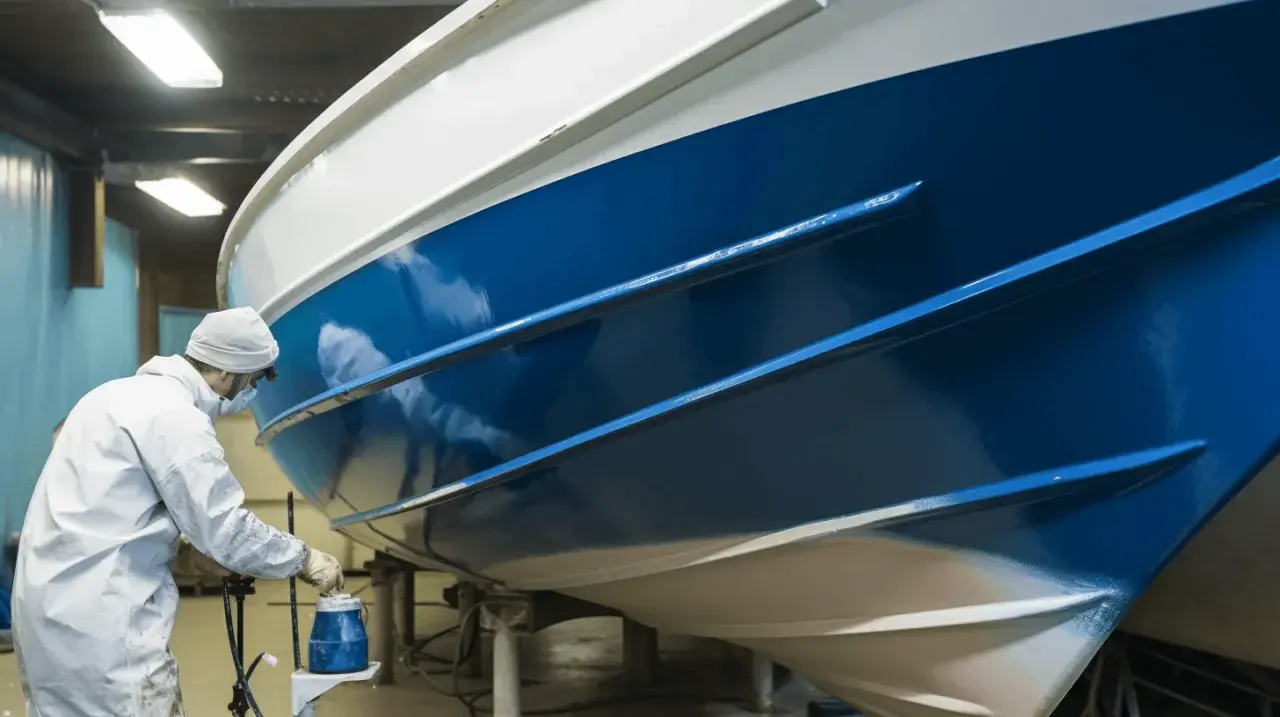 Un peintre en combinaison blanche applique une peinture bleue brillante sur la coque d'un bateau dans un atelier.