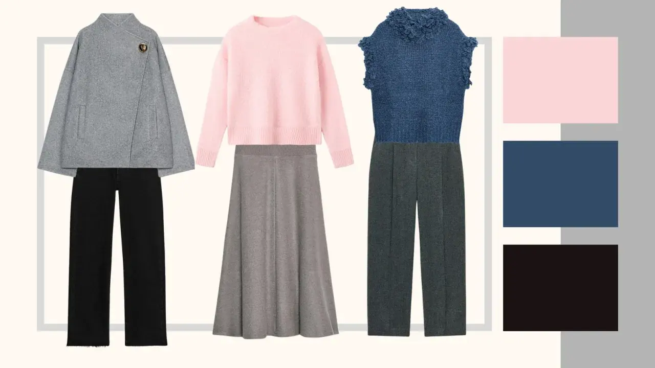 Three chic outfits: grey coat with black pants, pink sweater with grey skirt, blue top with grey pants.