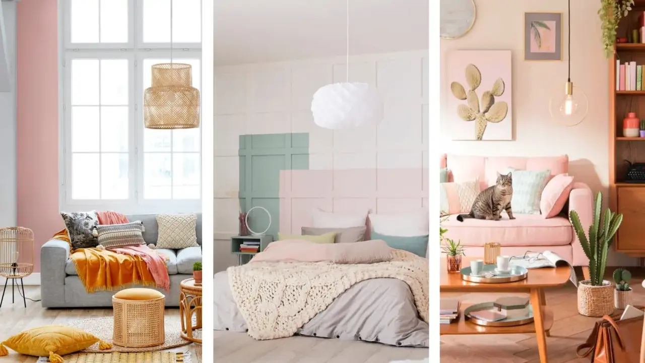 Trois scènes déco douces : salon gris et jaune, chambre pastel, salon rose avec chat. Ambiance chaleureuse couleur bois de rose.