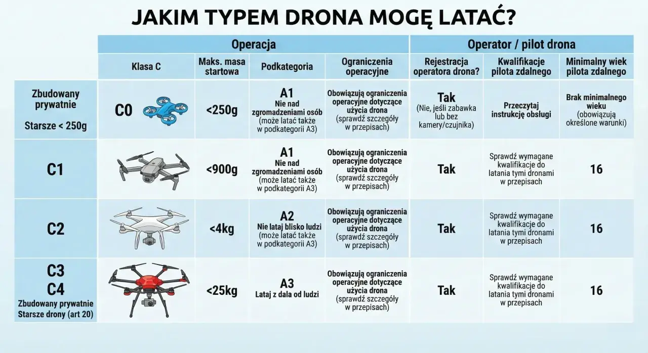 Tabela zasad latania dronem w Polsce: klasy dronów, wymagania operatora i wiek pilota.