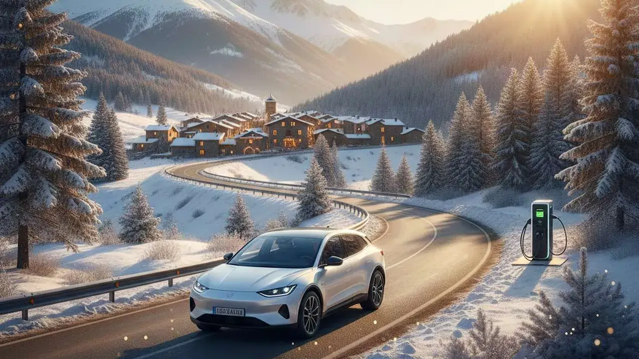 Coche eléctrico blanco en carretera nevada, listo para planificar ruta coche eléctrico. Pueblo y montañas al fondo.