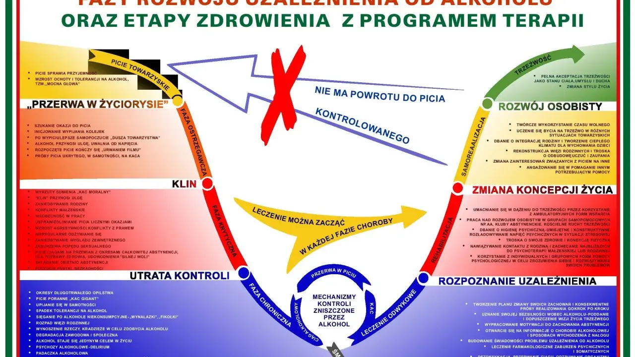 Schemat faz rozwoju uzależnienia od alkoholu i etapów zdrowienia. Lekarz od uzależnień alkoholowych może pomóc w zrozumieniu tych procesów.