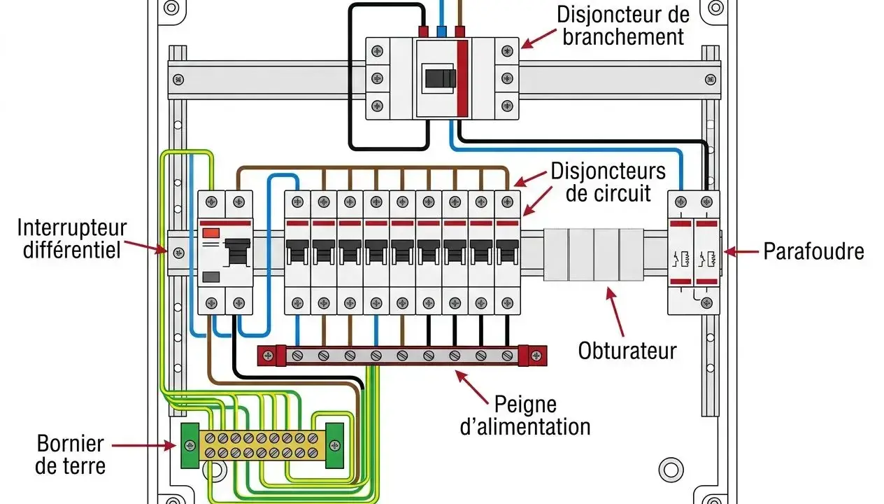 Schéma détaillé du cablage tableau électrique : disjoncteurs, interrupteur différentiel, bornier de terre, parafoudre et peigne d'alimentation.