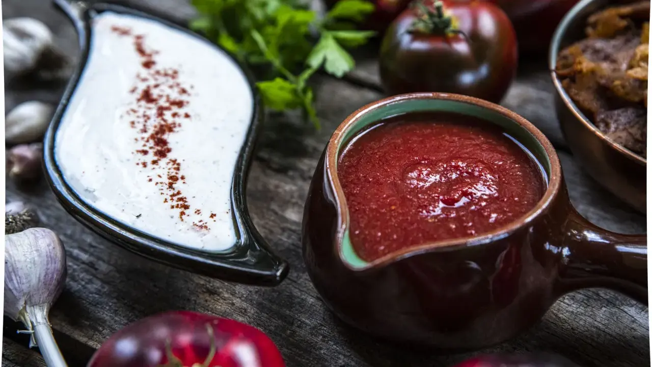En krämig vit sås med paprikapulver och en skål med tomatpuré. Runtom syns färska tomater, vitlök och persilja, redo att passera tomater till en god sås.
