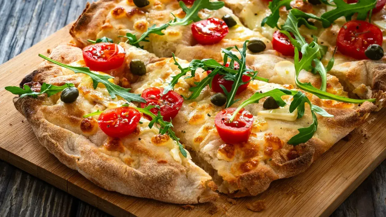 Pinsa co to? Puszysta, lekka i chrupiąca, z pomidorkami, rukolą i mozzarellą. Idealna na przekąskę!