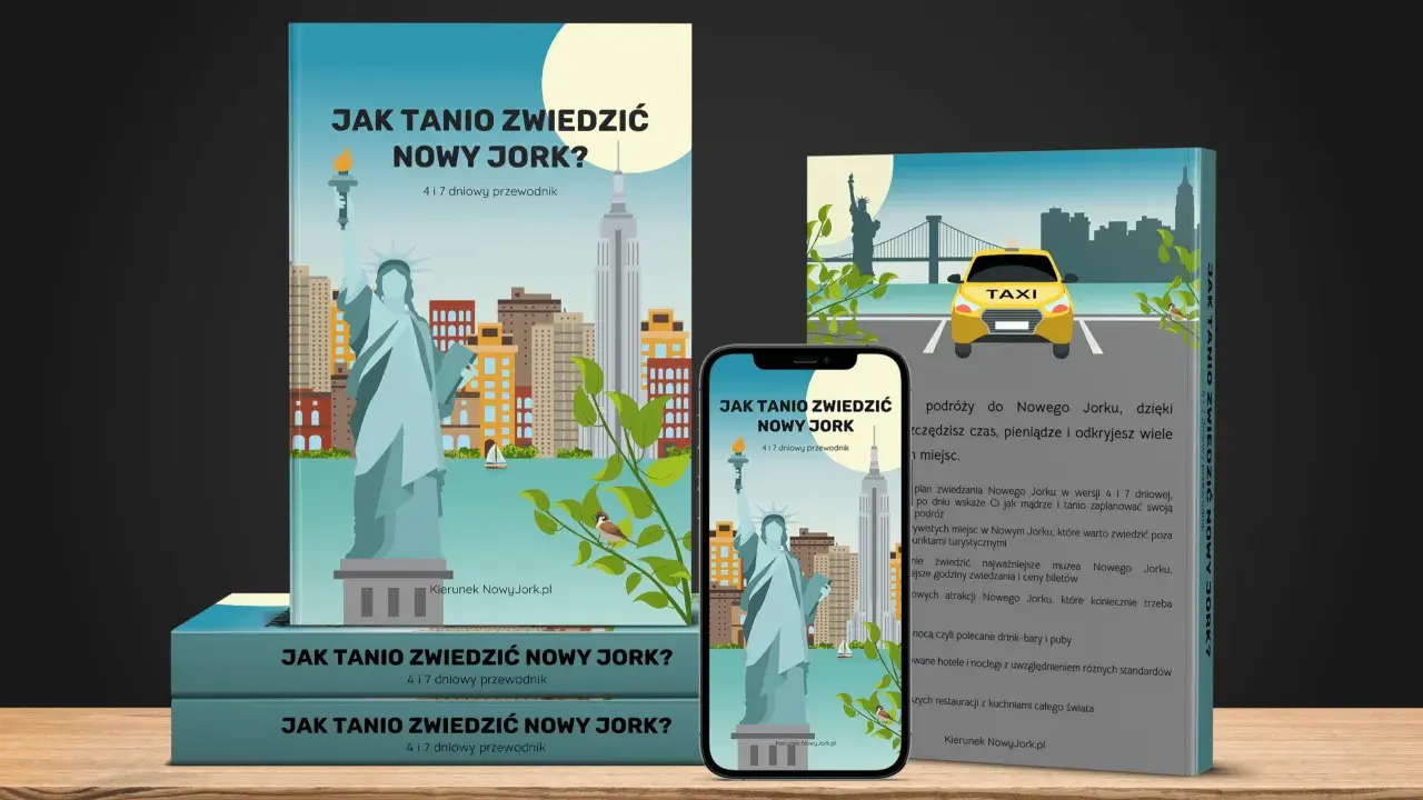 Przewodnik "Jak tanio zwiedzić Nowy Jork" z ikonami Statuy Wolności i Empire State Building.