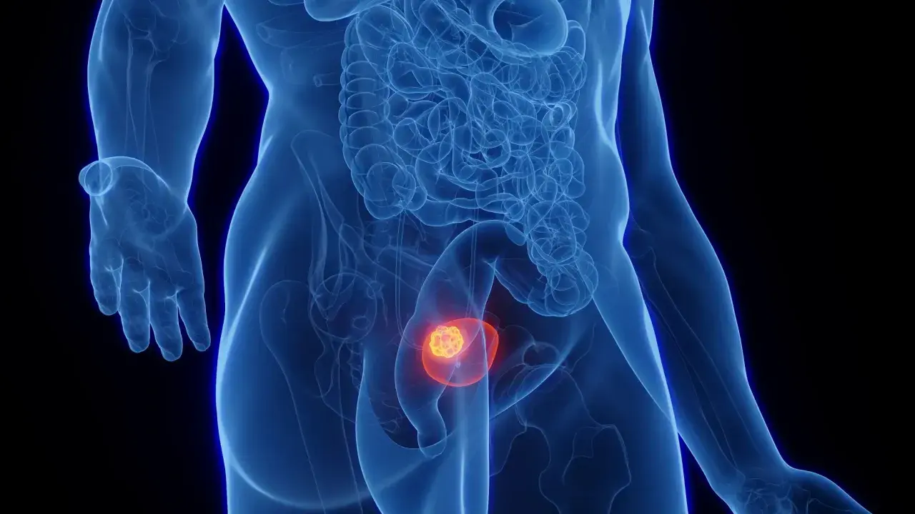 Widok anatomiczny ukazujący nowotwór złośliwy pęcherza moczowego.