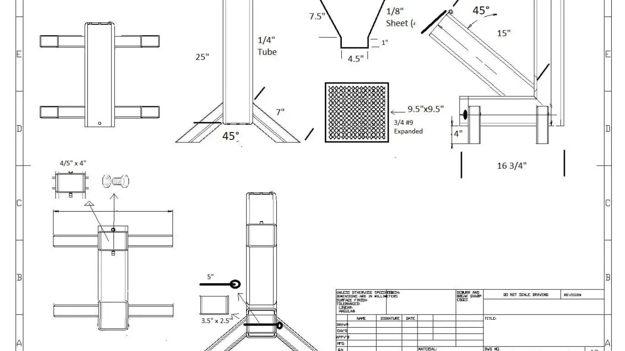 Plan détaillé d'un réchaud fusée en métal, montrant les dimensions et les pièces pour sa construction.