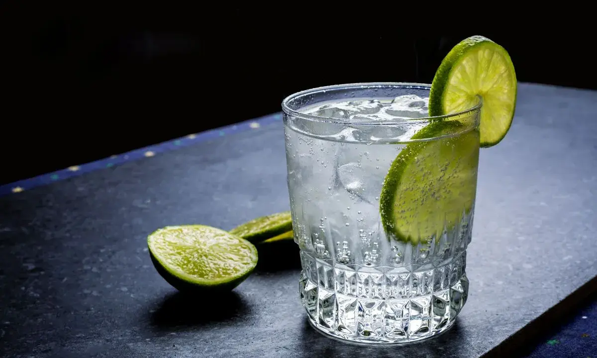 Ein erfrischender Gin Tonic, perfekt gemixt mit Eis und Limettenscheiben.