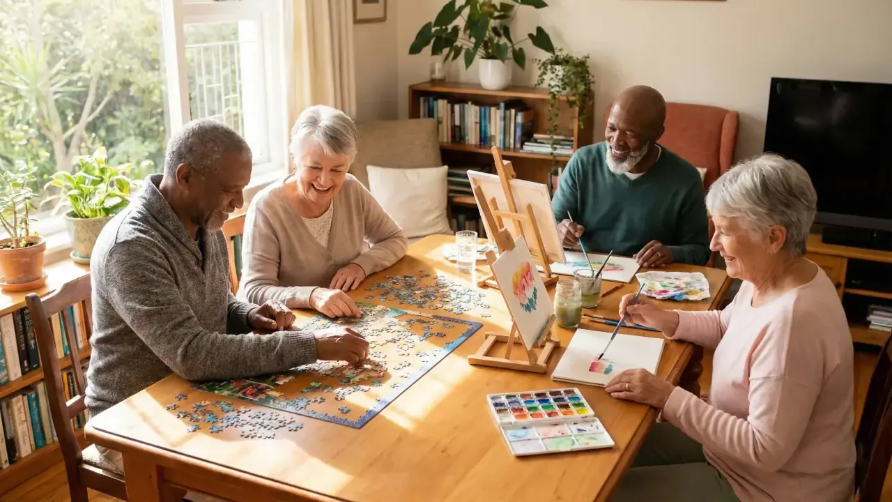 Cztery osoby wesoło spędzają czas, układając puzzle i malując. Świetne pomysły, co robić na emeryturze!
