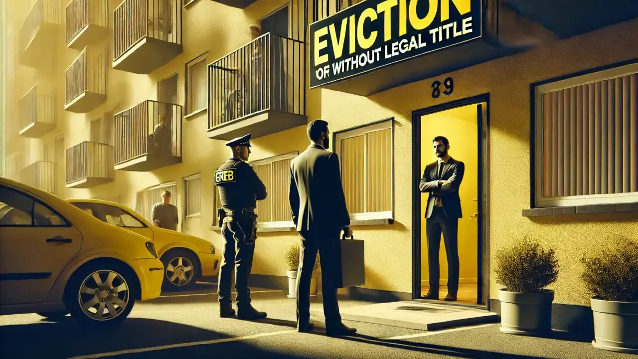 Egzekutor przed drzwiami, gdzie mieszka lokator bez umowy najmu i zameldowania. Znak "EVICTION" sugeruje problem.