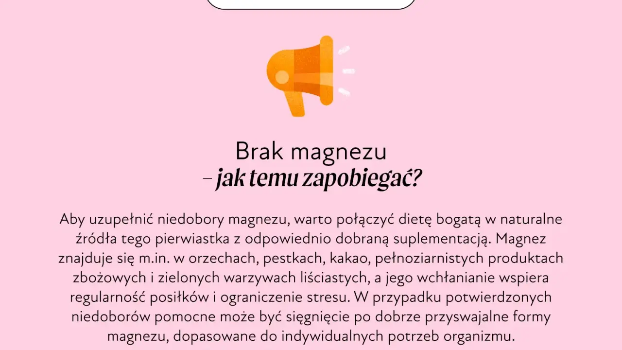 Grafika informuje o tym, jak zapobiegać niedoborom magnezu. Wskazuje na dietę bogatą w naturalne źródła magnezu i suplementację.