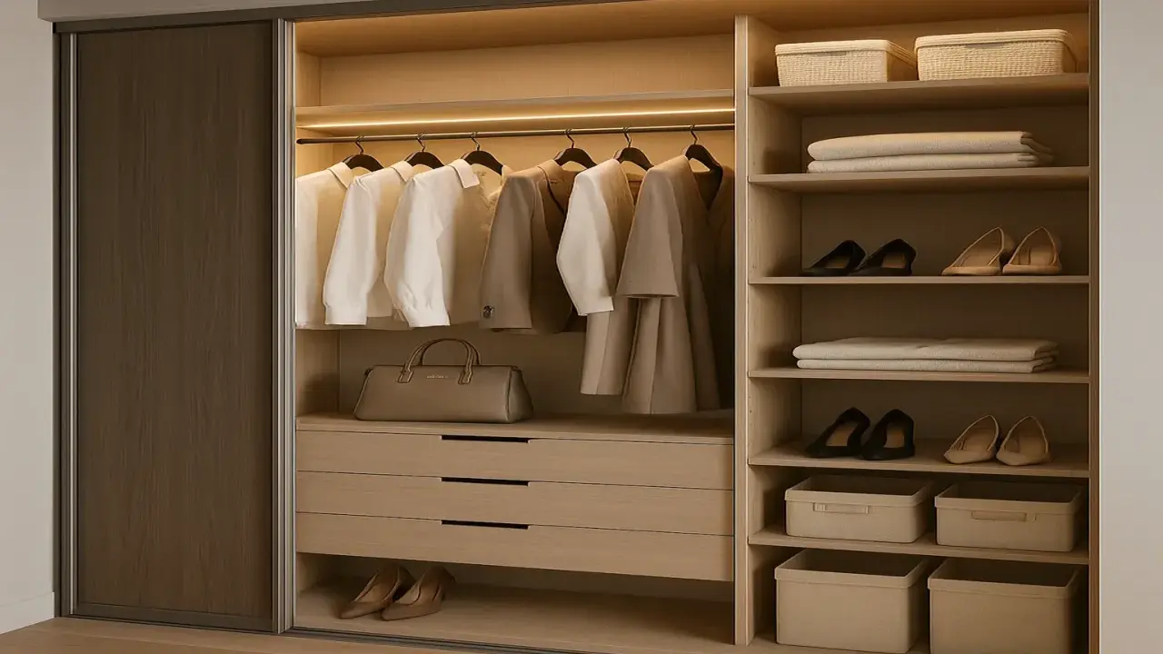 Armario empotrado moderno con ropa colgada, bolsos, zapatos y cestas organizadoras. Ideas para como hacer un armario empotrado funcional y elegante.