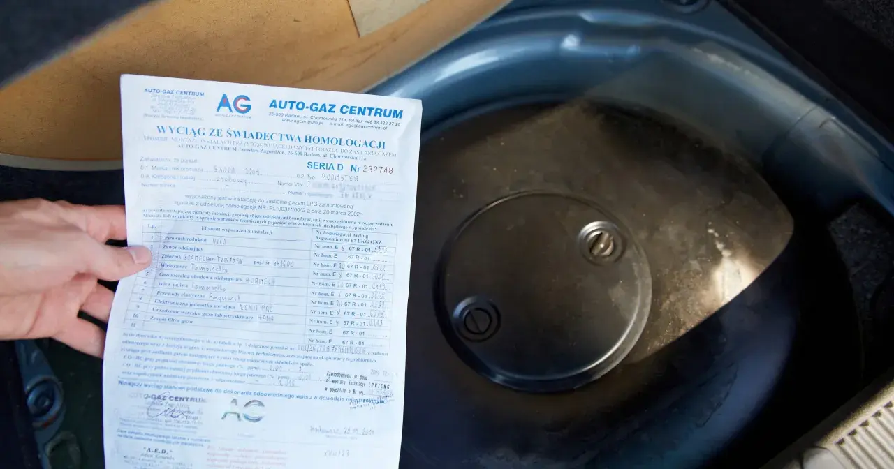 Fragment dokumentu z danymi homologacji butli LPG obok okrągłej pokrywy w bagażniku samochodu.