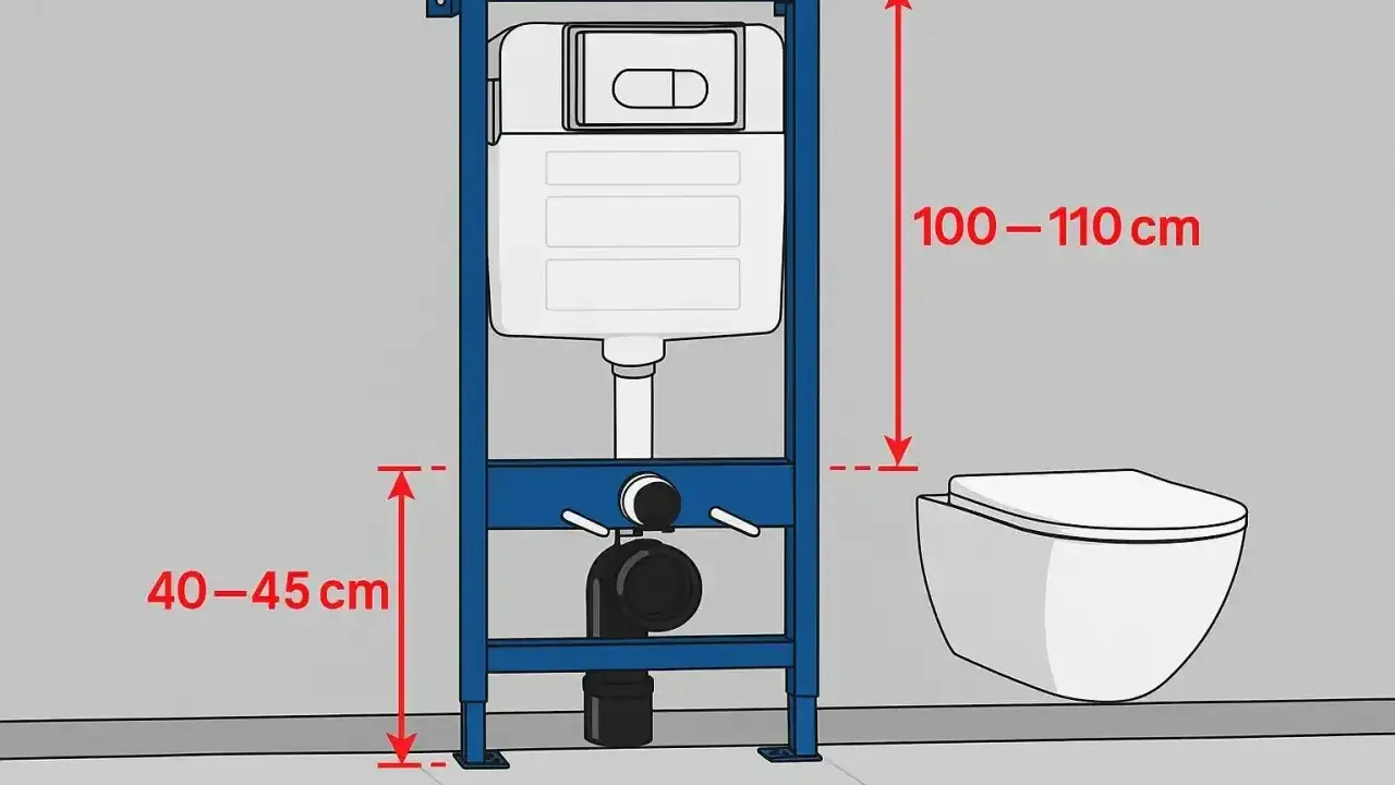 Schemat instalacji podtynkowej WC. Wymiary: 100-110 cm wysokości stelaża, 40-45 cm od podłogi do przyłącza.