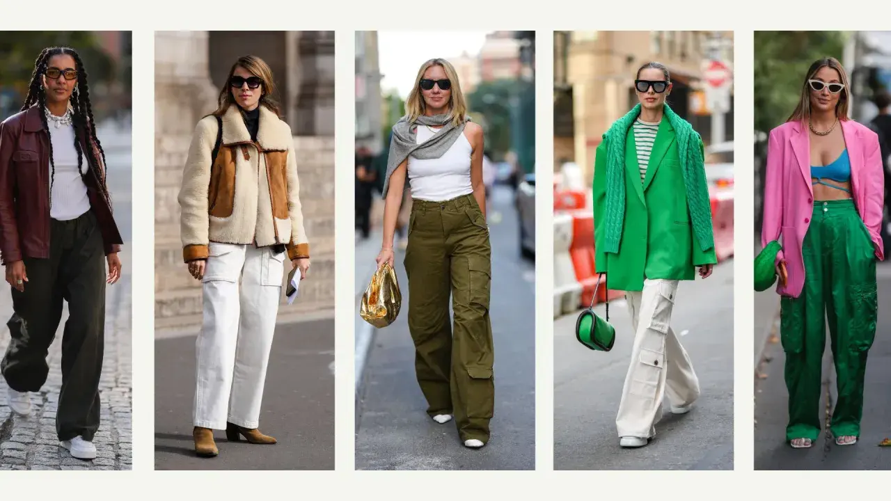 Five women showcase stylish outfits featuring cargo pants in various colors and styles, proving what is cargo pants and how versatile they are.