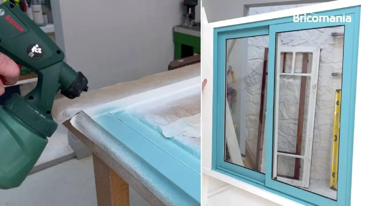 Pistola Bosch pintando marco de ventana de aluminio de color azul turquesa. El resultado es una ventana renovada y brillante.