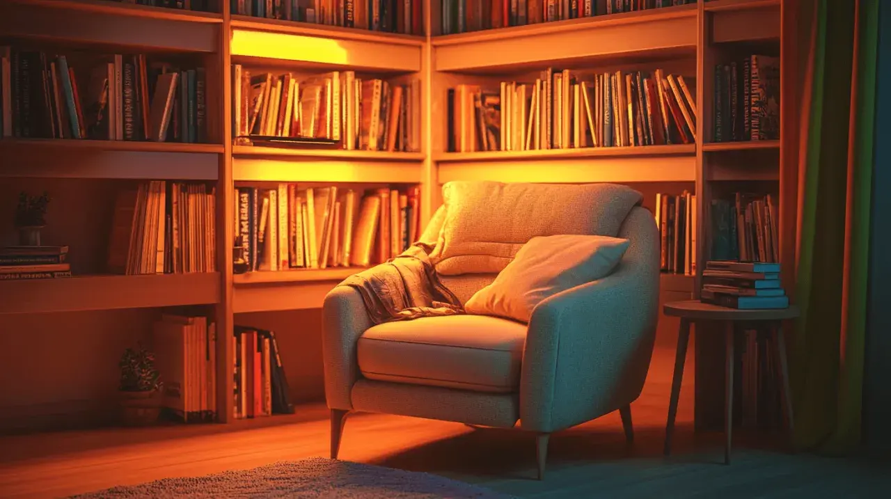 Un fauteuil confortable invite à la lecture dans ce havre de paix, entouré d'étagères remplies de livres.