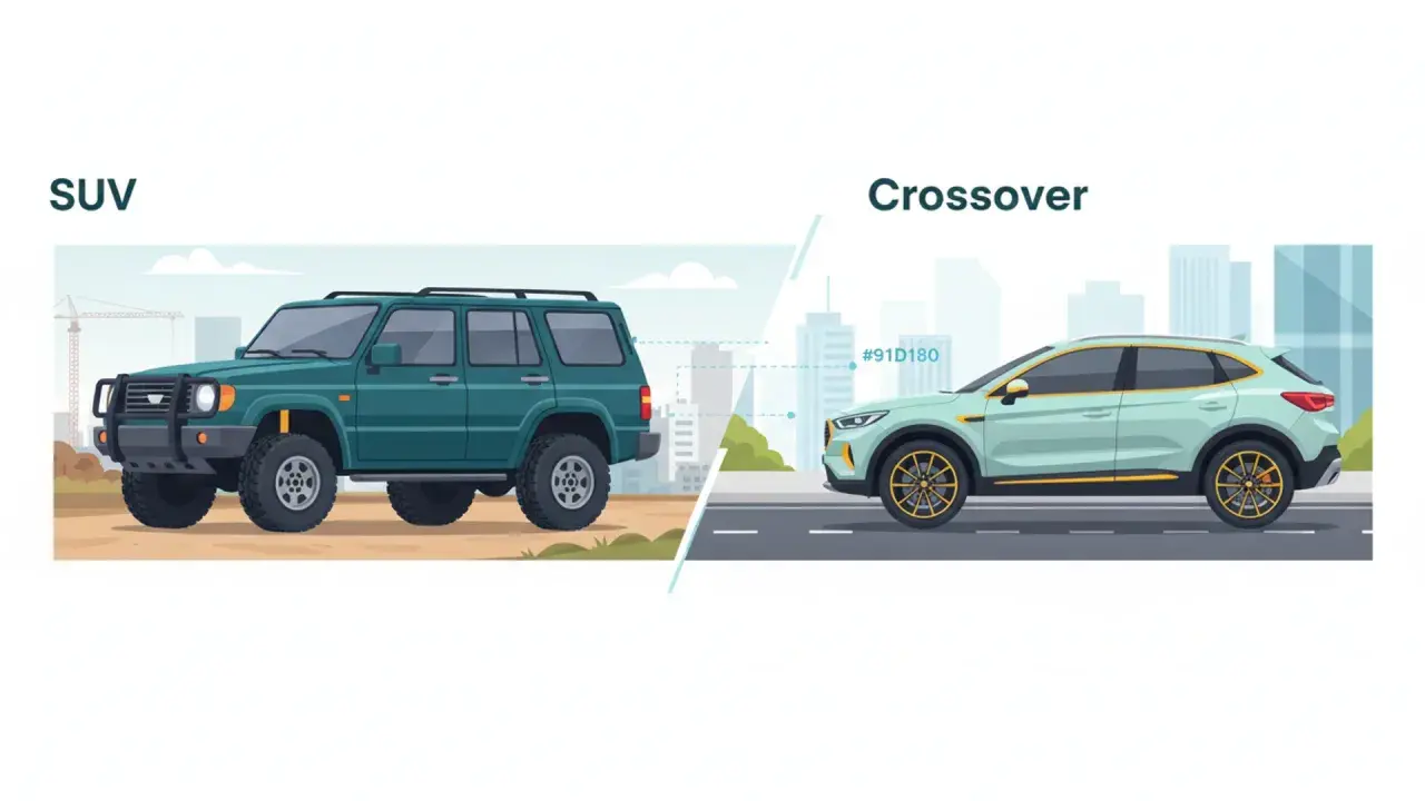Comparación visual: un SUV robusto y un crossover elegante, mostrando la diferencia entre ambos tipos de vehículos.
