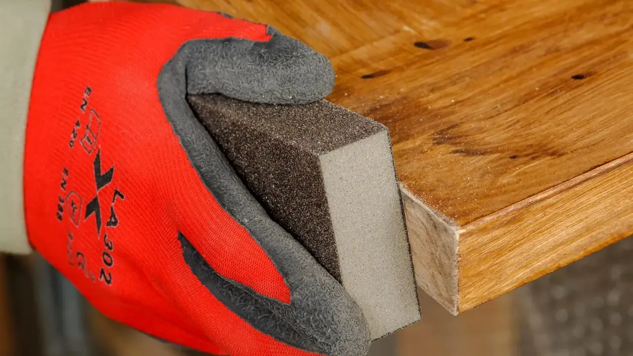 Mano con guante rojo lijando borde de puerta de madera para rebajarla.