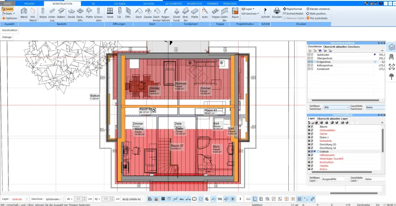 Grundriss Dachgeschoss mit Räumen, Möbeln und Maßen. Die Ansicht zeigt einen detaillierten Grundriss eines Dachgeschosses, inklusive der Aufteilung in verschiedene Räume wie Wohnen, Zimmer, Küche, Diele, Bad und Büro. Möbel und Einrichtungsgegenstände ...