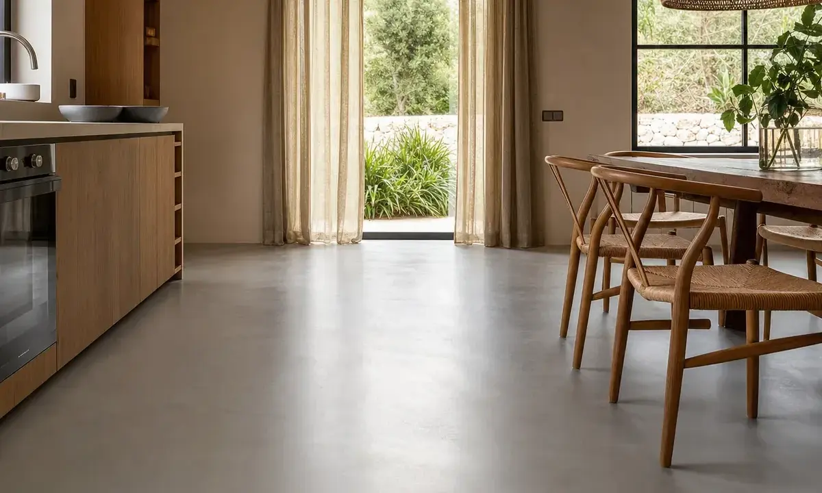 Cocina moderna con muebles de madera y un elegante suelo microcemento que refleja la luz natural.