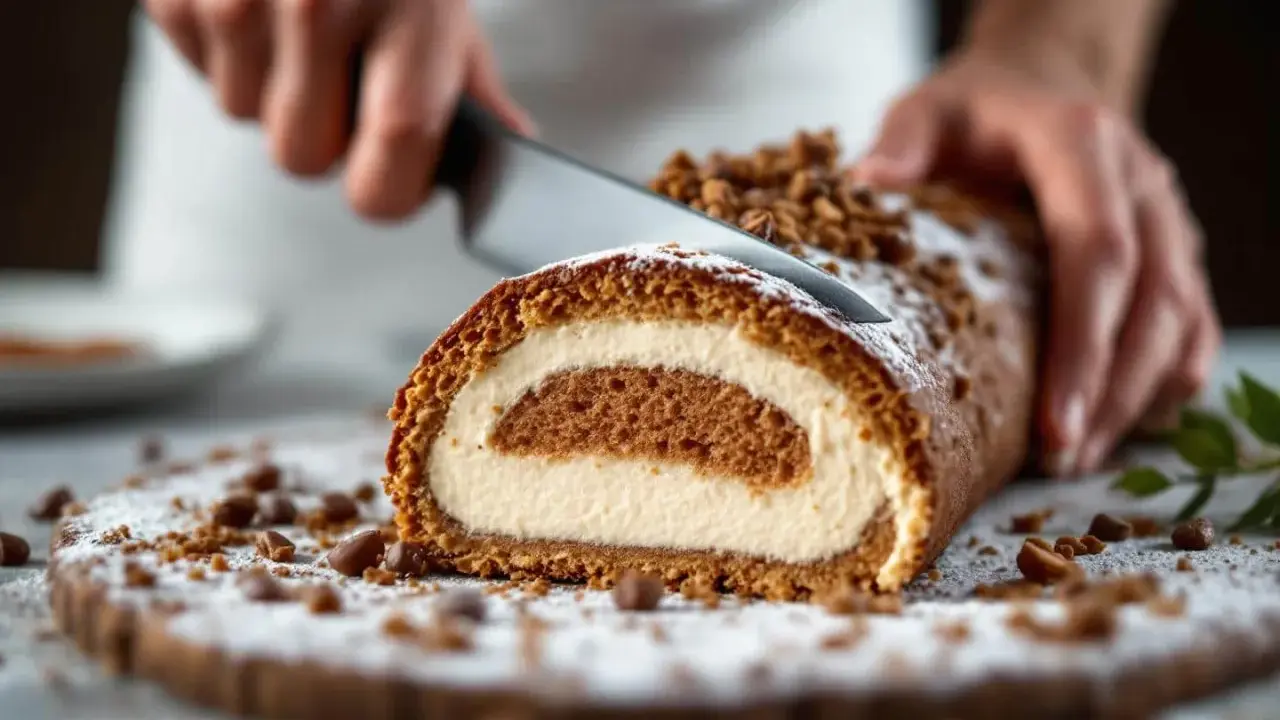 Une main coupe une tranche de roulé à la crème, garni de miettes croustillantes pour buche. Saupoudré de sucre glace.