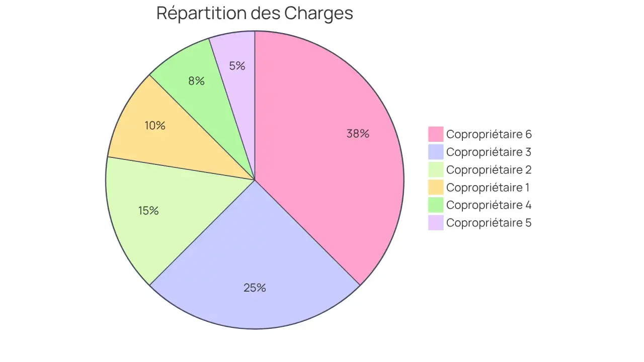 Répartition des charges pour la tantième copro : le copropriétaire 6 paie 38%, le 3 paie 25%, le 2 paie 15%, le 1 paie 10%, le 4 paie 8% et le 5 paie 5%.