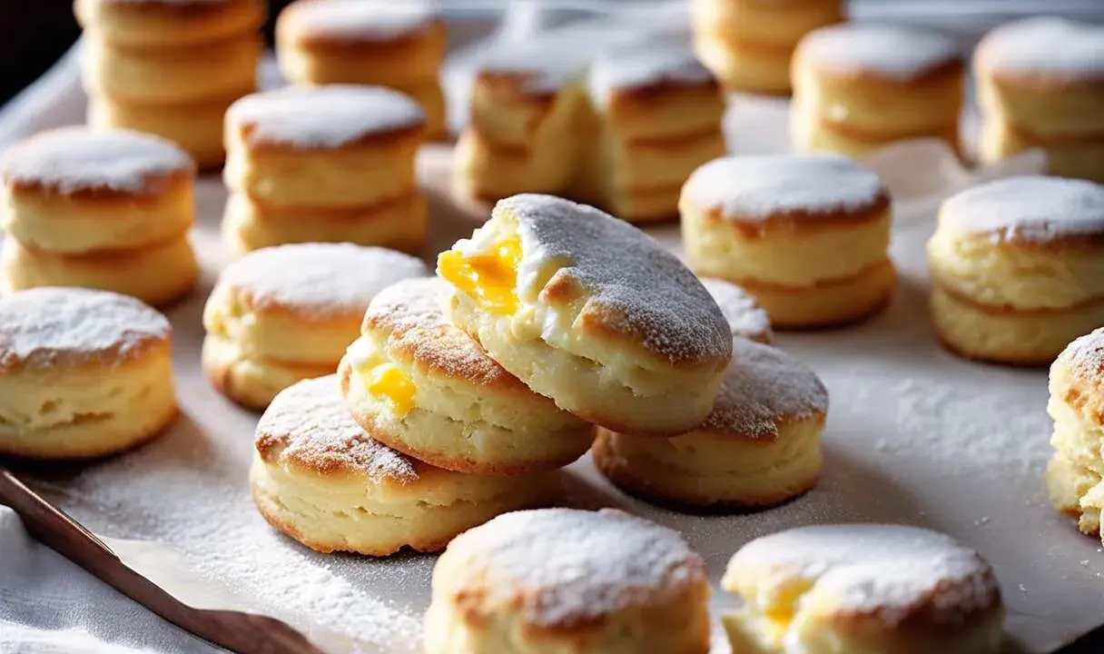 Délicieux biscuits cuillère saupoudrés de sucre glace, certains garnis d'une crème jaune. Parfait pour une recette facile et gourmande.