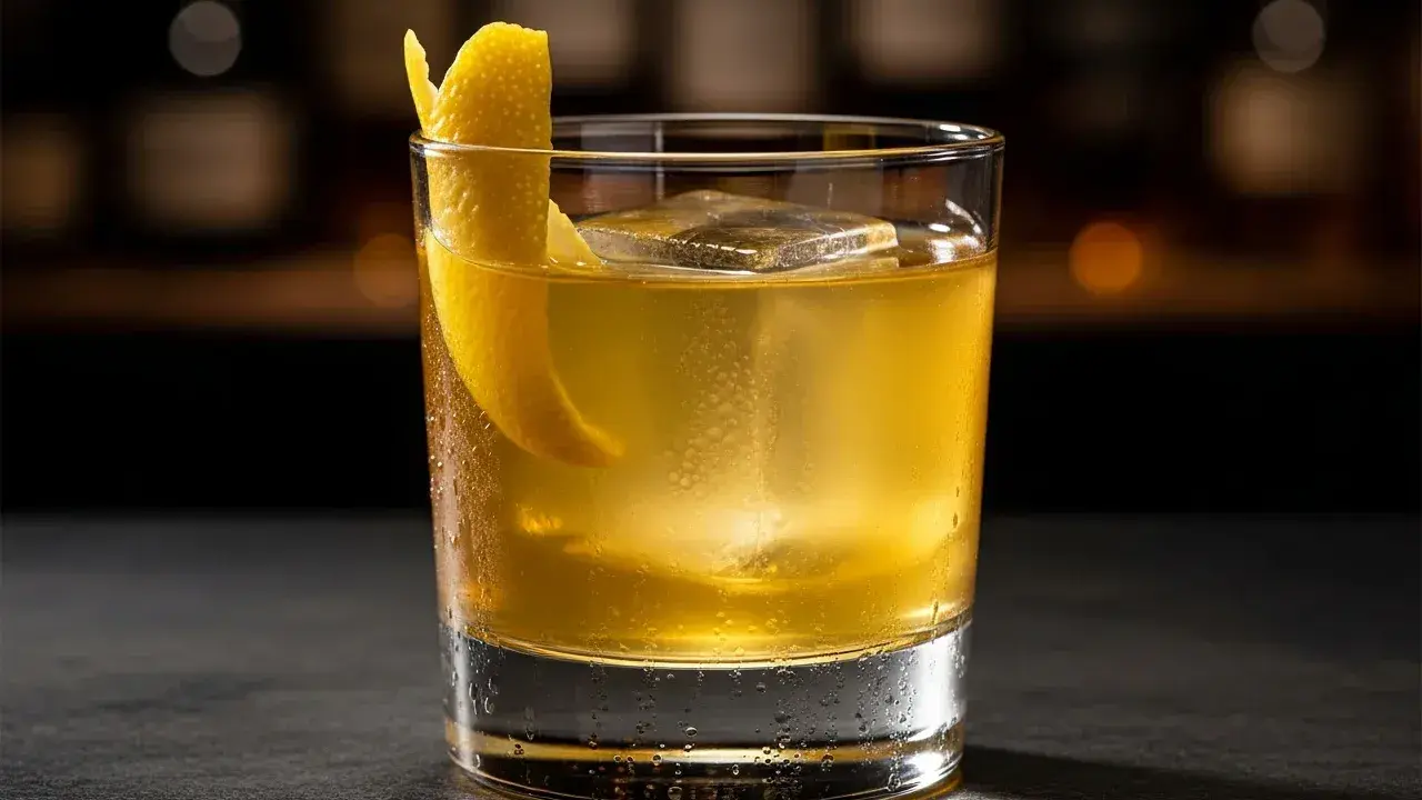 En gyllene drink med is och citronskal, en riktig "gold rush drink" som väntar på att avnjutas.