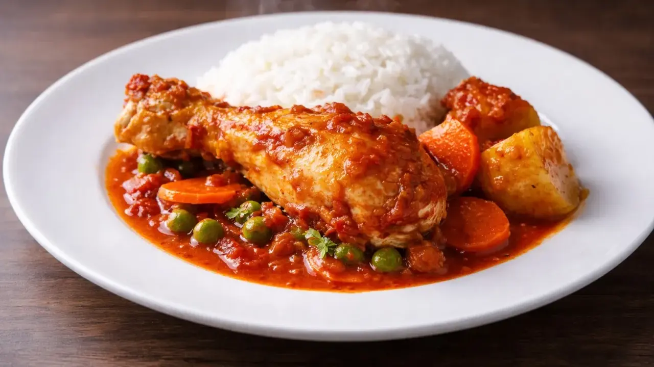 Estofado de pollo con arroz blanco, zanahorias y guisantes en una salsa roja.