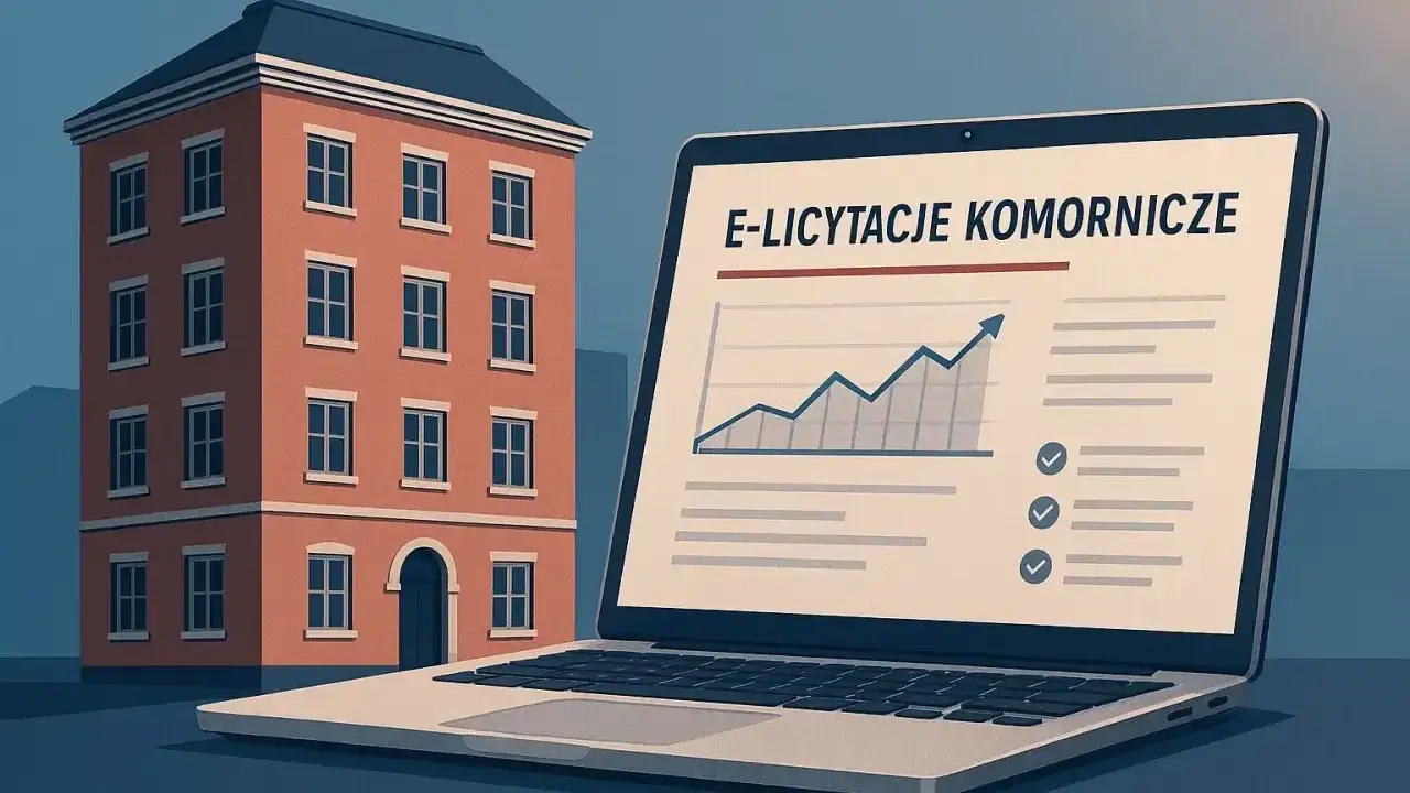 Kamienica obok laptopa z napisem "E-licytacje komornicze" i wykresem wzrostu. Domy wystawione na licytacje przez komornika.
