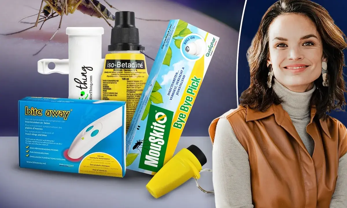 Pour soigner une piqure moustique, découvrez des solutions comme Bite Away et MouSkito. Une femme souriante complète ce visuel.