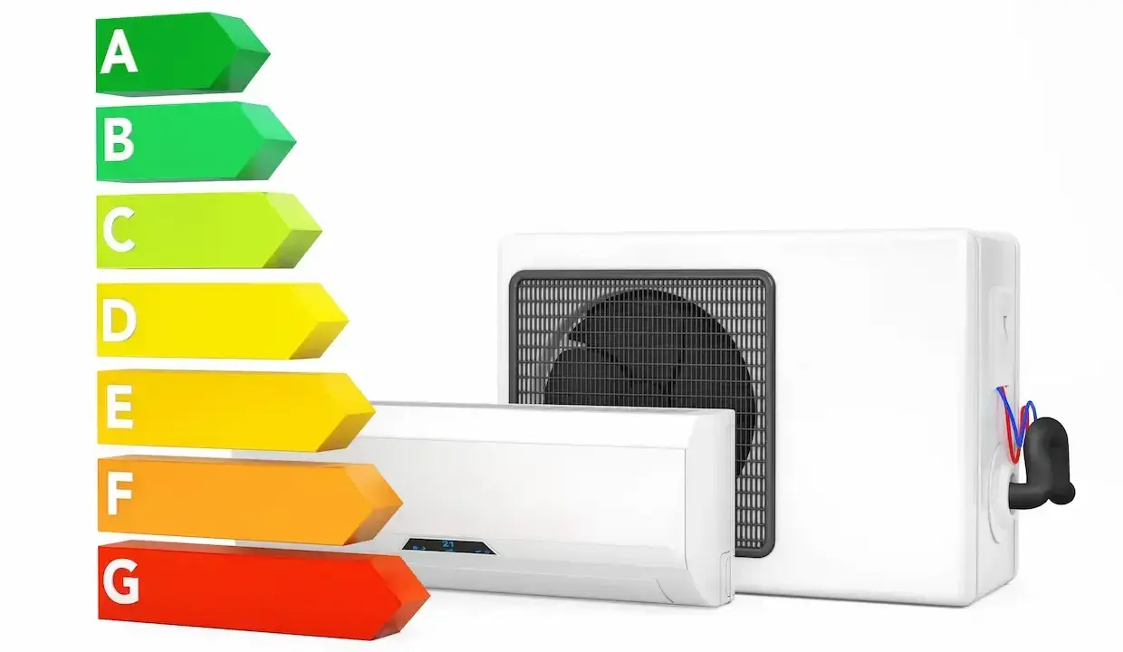 Échelle d'efficacité énergétique A-G à côté d'une unité intérieure et extérieure de climatisation réversible.