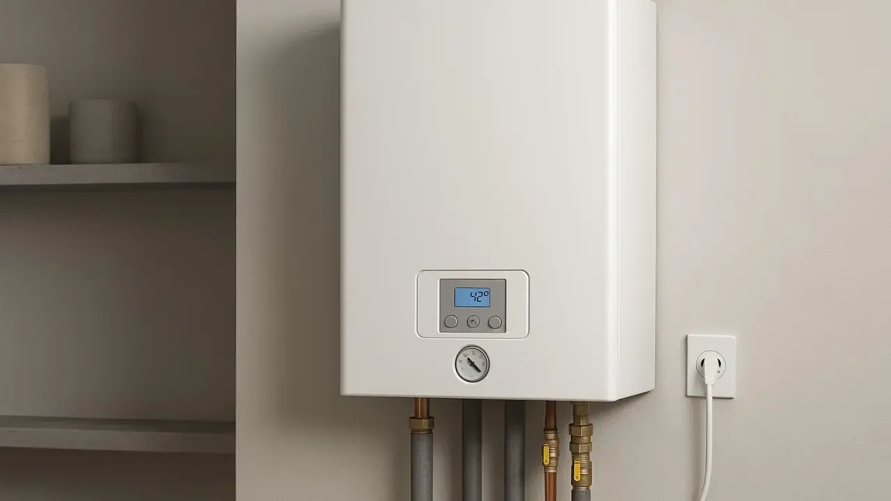 Nowoczesny piec elektryczny do ogrzewania domu, podłączony do gniazdka. Na wyświetlaczu 42 stopnie.