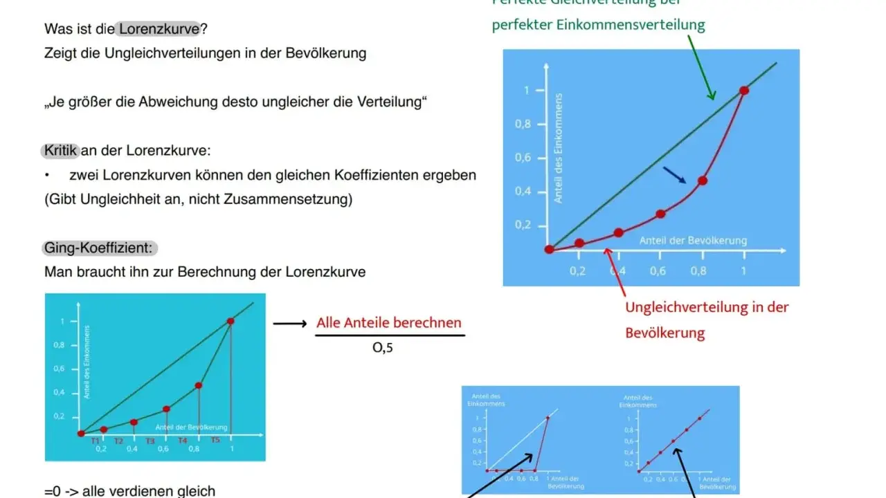 Lorenzkurven zeigen soziale Ungleichheiten. Je weiter die Kurve von der Diagonalen abweicht, desto ungleicher ist die Verteilung.