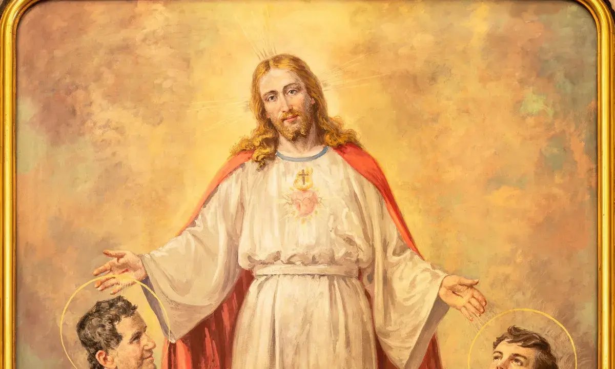 Jezus błogosławi młodego Dominika Savio i innego świętego.