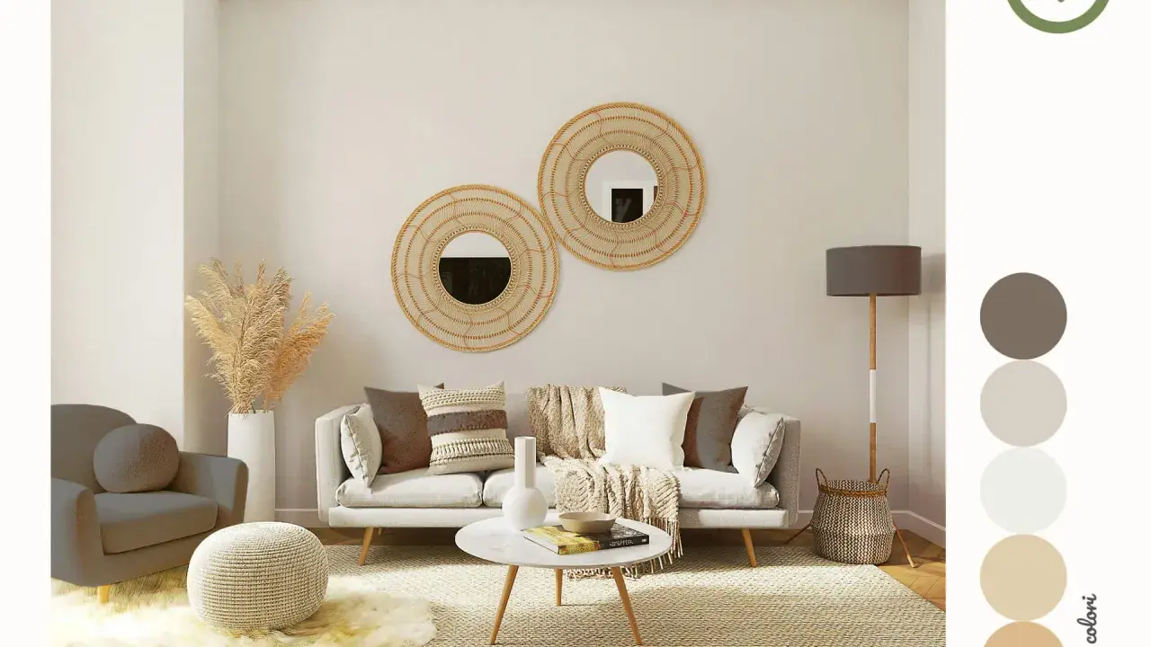 Soggiorno accogliente con divano, poltrona e pouf. Specchi rotondi in rattan e una palette colori neutri arredamento creano un'atmosfera rilassante.