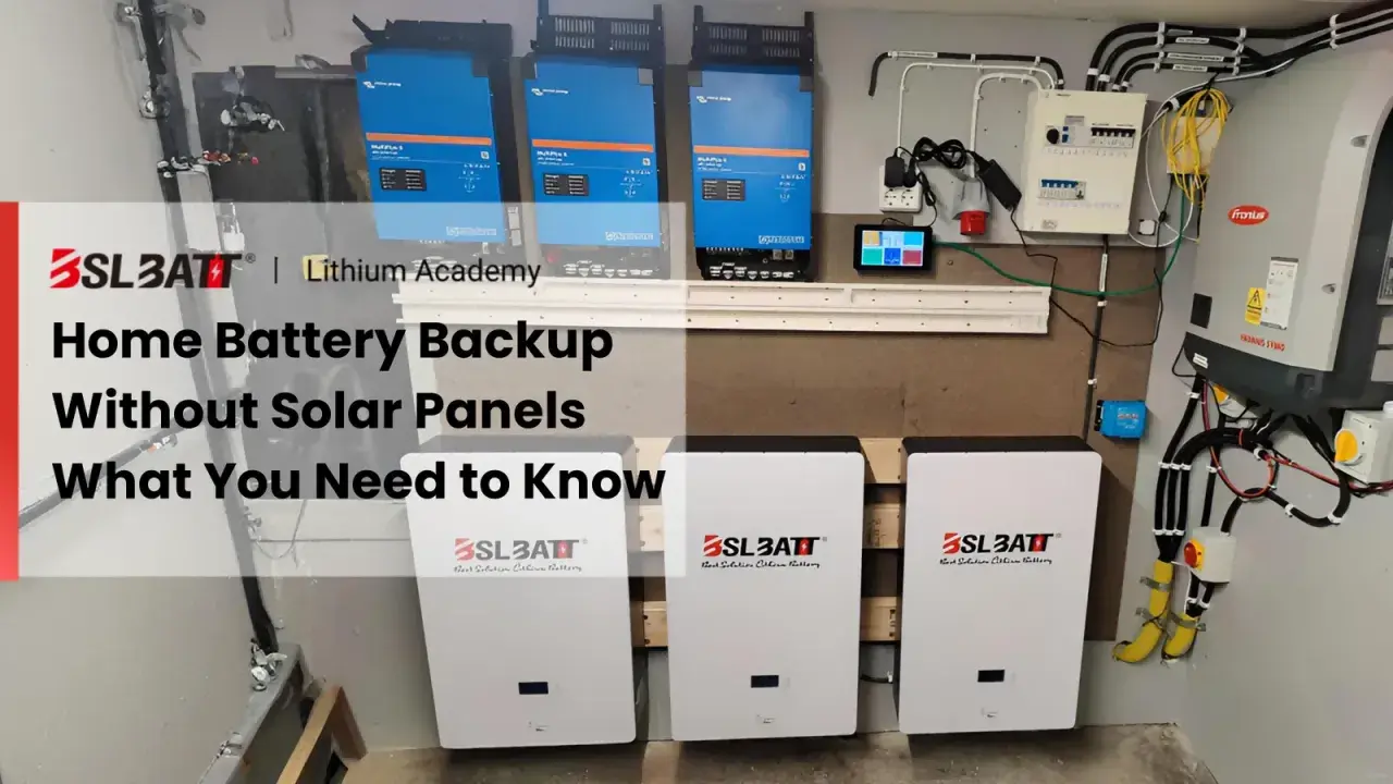 Här visas ett system för batteribackup i hus, med tre vita batterienheter och flera blå växelriktare monterade på väggen.