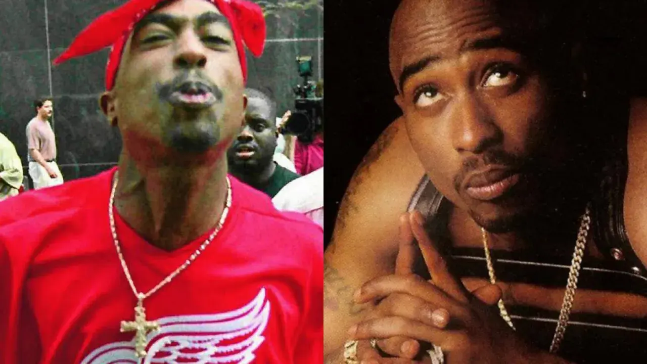 Dwa ujęcia Tupaca. Jedno z czerwoną bandaną, drugie z pytaniem: czy Tupac żyje?