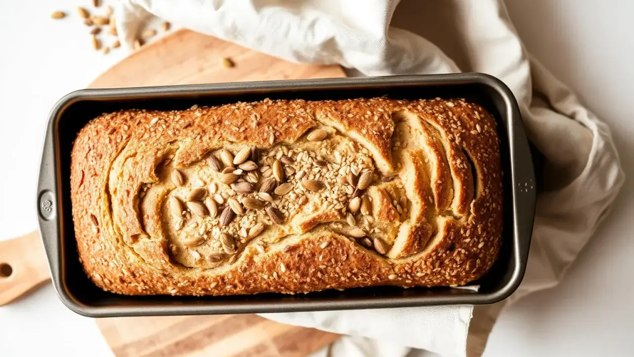 Nygräddat glutenfritt bröd med solrosfrön och sesamfrön i formen. Perfekt att baka glutenfritt!