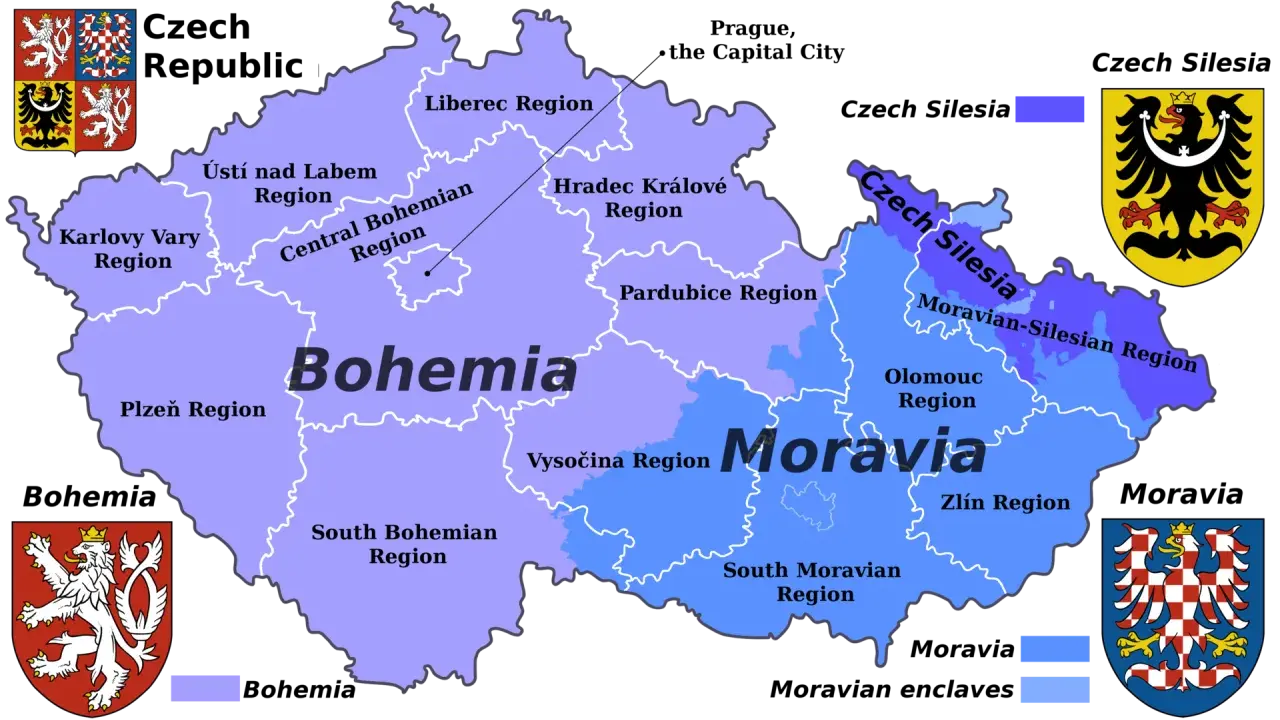 Mapa Czech z podziałem na regiony: Czechy właściwe (Bohemia) i Morawy. Kraina z brnem to Morawy, z zaznaczonymi regionami: Południowomorawskim, Ołomunieckim i Zlinskim.