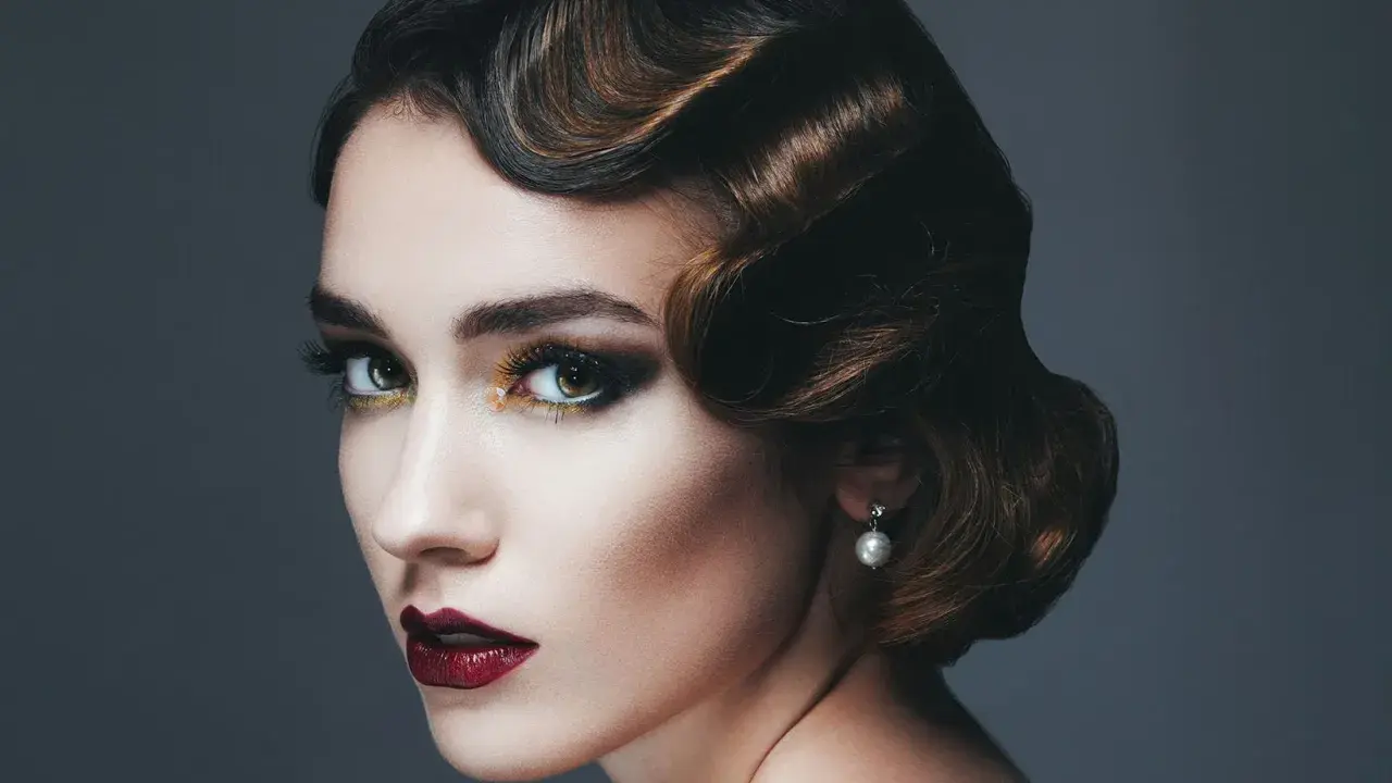 Glamouröse Frau mit einer eleganten 20er Jahre Frisur, dramatischem Make-up und einem Perlenohrring.