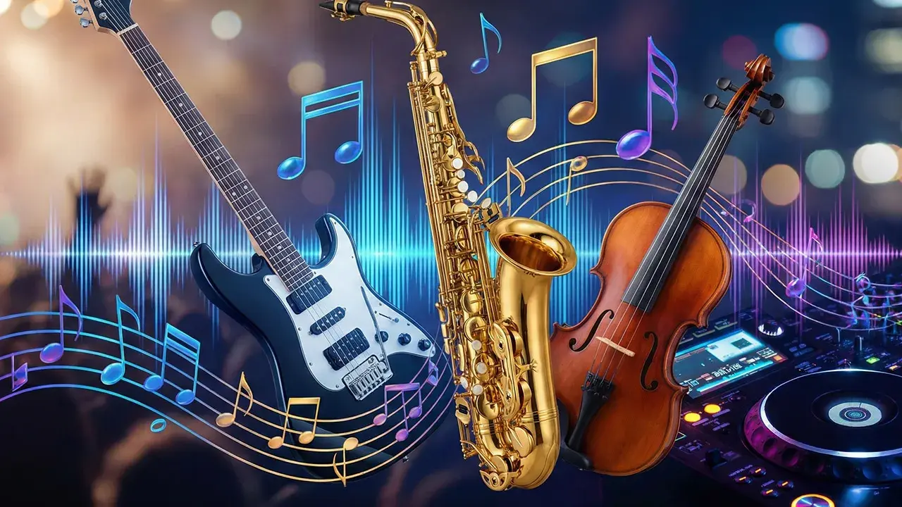 Gitara, saksofon, skrzypce i DJ-ka. Różne rodzaje muzyki i przykłady dźwięków.