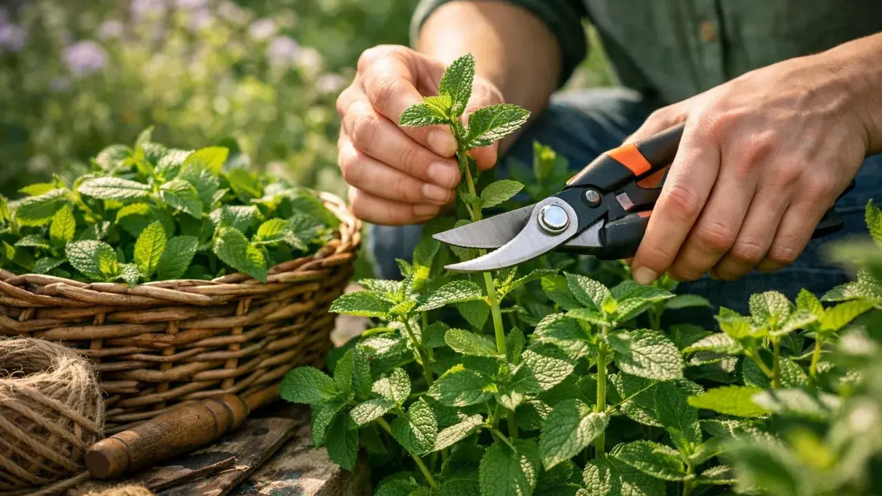 Récolte de menthe fraîche pour savoir comment faire pousser de la menthe. Un panier déborde de feuilles vertes.